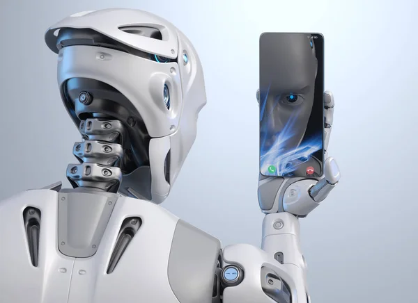Robot Prendre Selfie Photo Sur Téléphone Intelligent Illustration Photo De Stock