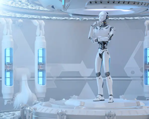 机器人站在科幻内部 3D插画 图库图片