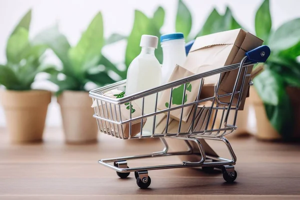 Consumers demand environmentally friendly and sustainable products. Shopping cart full of products