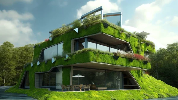 modern architecture concept. 3d rendering. Green eco building. Sustainable development. Environmentally friendly building