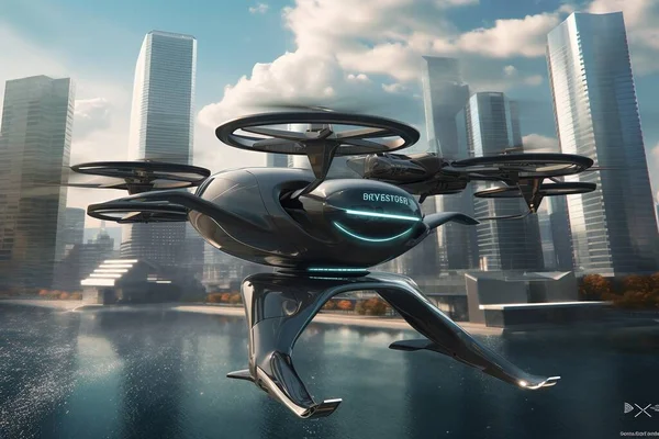 high tech concept with futuristic technology background. 3d rendering image. autonomous flying vehicle in futuristic city