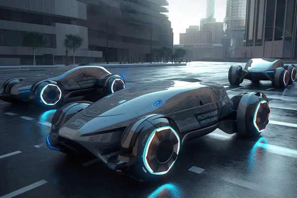 3d rendering of futuristic autonomous vehicles in the city