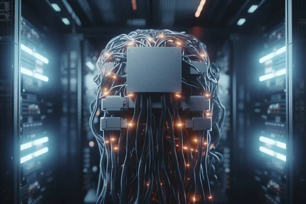 artificial intelligence. back view of electrical brain wires, 3d rendering