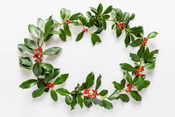 新鮮なホリーベリーから作られたクリスマスフレーム 冬の自然な装飾 植物のお祝いフラットレイ トップビュー ストック画像