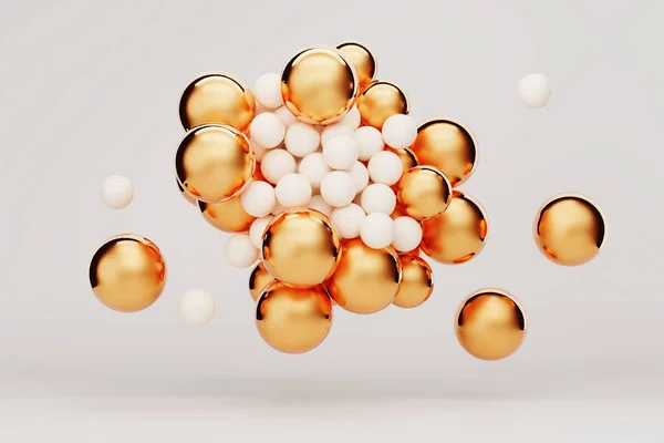 Various golden and white spheres of different sizes, on white background. Abstract conceptual background. 3D rendering.