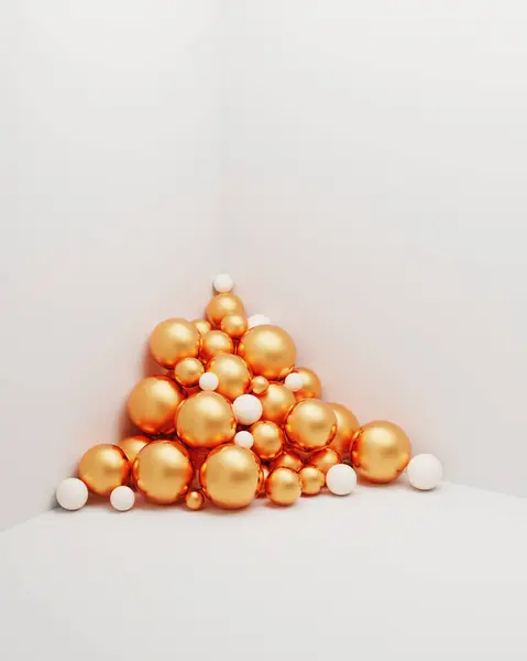 角の異なるサイズのさまざまな金と白の球体 抽象的な概念的背景 3Dレンダリング ストック写真