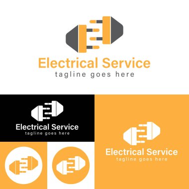 Minimal Elektrik Servis Logosu. Modern Electric Double Plug Logosu. Turuncu, siyah-beyaz Vektör Resimleri.