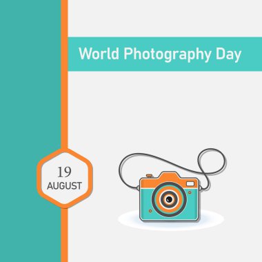 Dünya Fotoğraf Günü, 19 Ağustos. Asgari Typography Dekorated Design.Fotoğrafçılık simgesi biçiminde. Vektör illüstrasyonu. Arkaplan, pankart, poster, poster şablonu.