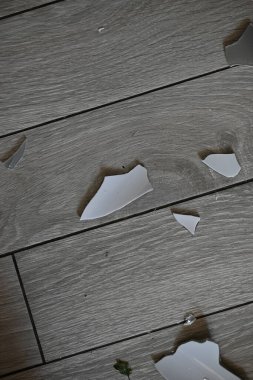 Cam kırıkları zemin üzerinde, kırık tabaklar arka plan gibi gri.