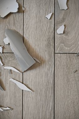 Gri zemindeki vazo parçaları, bir turşu sonrası, yerde kırılan vazo parçaları.