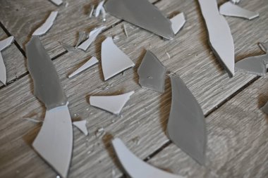 Gri zemindeki vazo parçaları, bir turşu sonrası, yerde kırılan vazo parçaları.