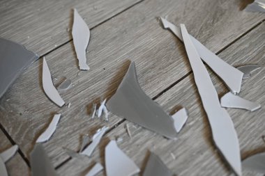 Gri zemindeki vazo parçaları, bir turşu sonrası, yerde kırılan vazo parçaları.