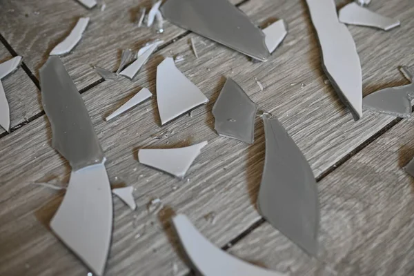 Gri zemindeki vazo parçaları, bir turşu sonrası, yerde kırılan vazo parçaları.