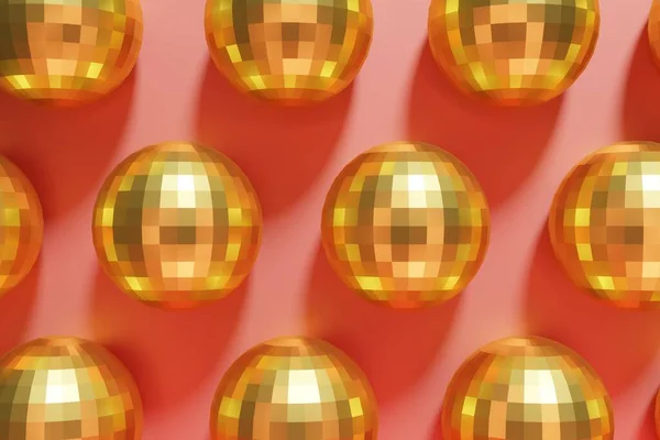 サンゴの背景にお祝いの光沢のある金のディスコボールパターンの3Dレンダリング — ストック写真