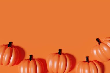 Cadılar Bayramı için turuncu tek renkli arkaplan üzerine üç boyutlu turuncu balkabağı çizimi