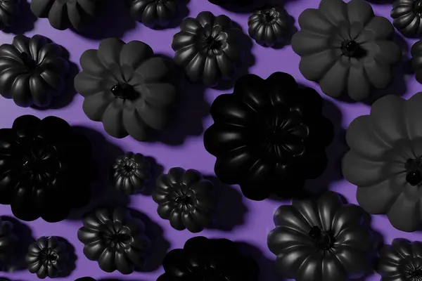 あなたのハロウィーンプロジェクトのための紫色の背景に黒いカボチャのフラットレイの3Dレンダリング — ストック写真