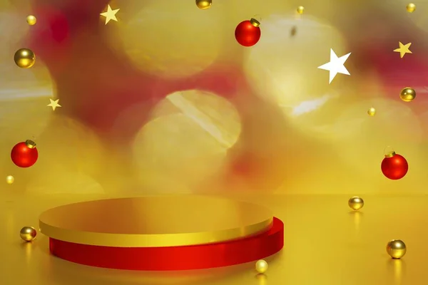 Renderizado Oro Rojo Podio Oro Volador Bolas Navidad Estrellas Sobre —  Fotos de Stock
