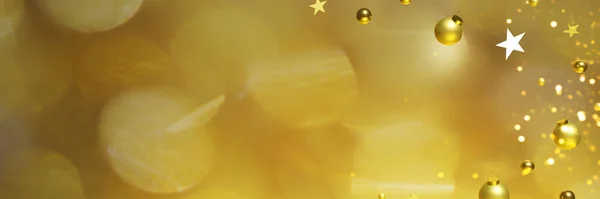 あなたのクリスマスプロジェクトのための黄金の背景バナーに金のクリスマスボールと星を飛んでの3Dレンダリング — ストック写真