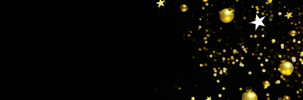 Vykreslení Létající Zlaté Vánoční Koule Hvězdy Černém Pozadí Prapor Pro — Stock fotografie