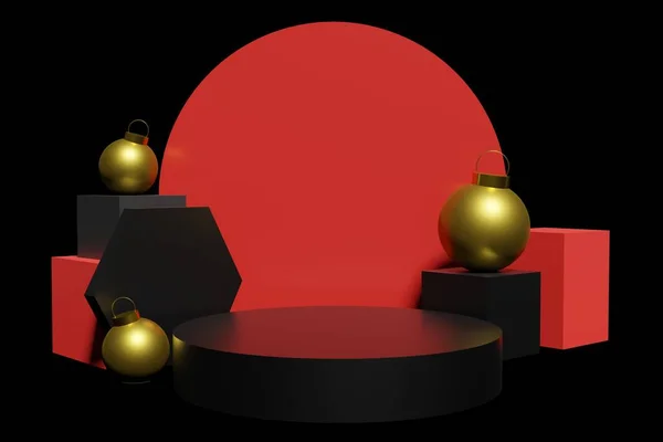 Renderizar Pódio Vermelho Com Com Cubos Ouro Natal Bugigangas Fundo — Fotografia de Stock