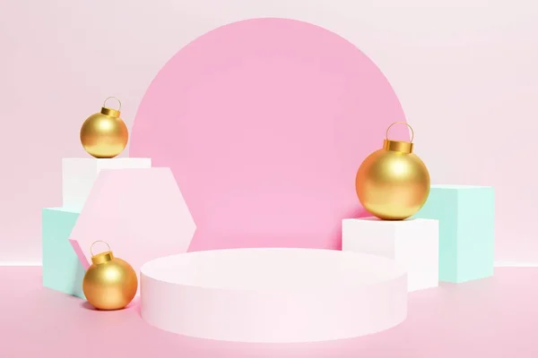 Render Rosa Branco Azul Pódio Com Com Cubos Ouro Natal — Fotografia de Stock
