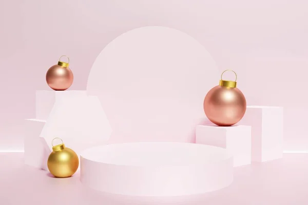 Render Pódio Rosa Com Com Cubos Bugigangas Natal Ouro Fundo — Fotografia de Stock