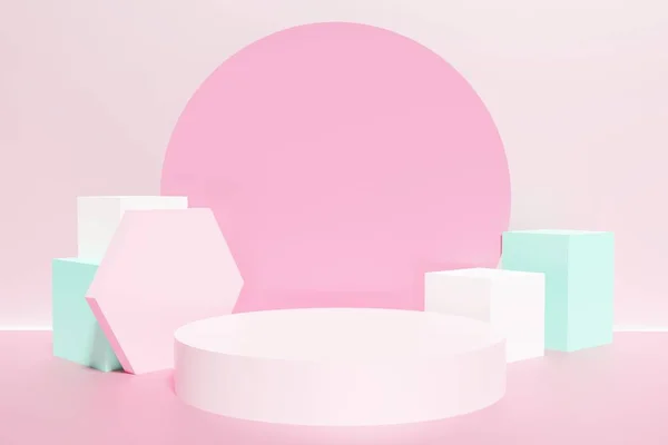 Render Pódio Rosa Com Cubos Azuis Hexágono Fundo Rosa Pastel — Fotografia de Stock