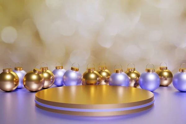 Renderizado Hermosas Adornos Metálicos Púrpura Oro Navidad Con Podio Oro —  Fotos de Stock