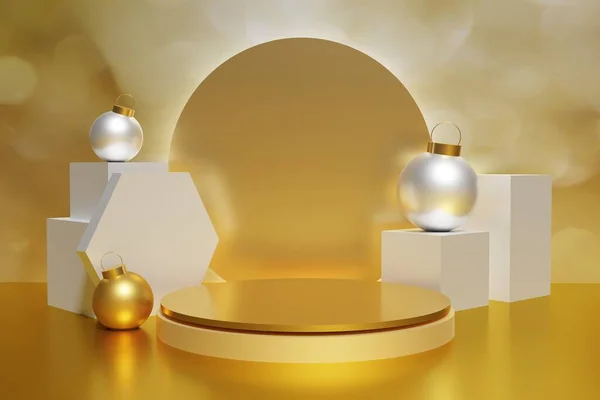 beautiful gold metallic podium on a bokeh background with gold and silver Christmas baubles and cubes for your festive project