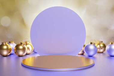 Üç boyutlu güzel metalik mor ve altın renkli Xmas mücevherleri. Şenlik projeniz için arka planda altın bir podyum.