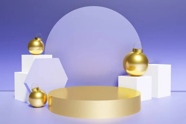 Weergave Van Prachtige Metallic Gouden Kerstballen Met Een Gouden Podium — Stockfoto