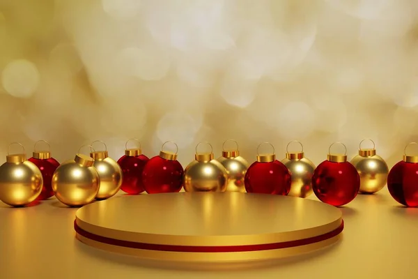 3d render of beautiful metallic red and gold xmas baubles with a golden podium on a bokeh background for your festive project