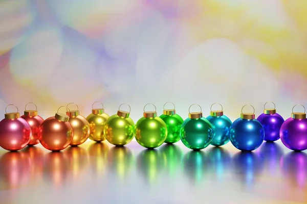 Renderizado Hermosas Bolas Navidad Arco Iris Metálico Sobre Fondo Bokeh —  Fotos de Stock