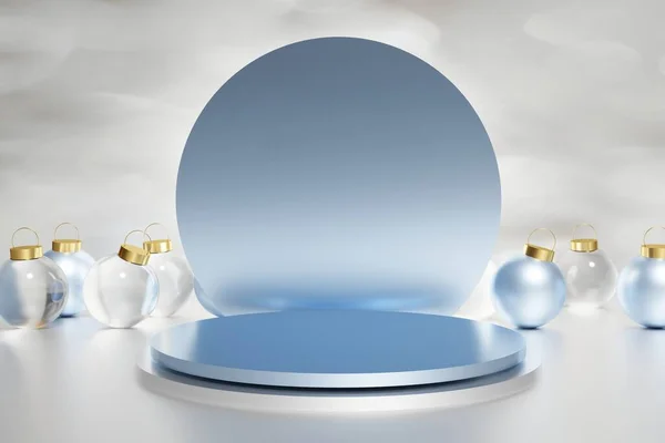 Weergave Van Prachtige Metallic Blauw Glas Kerstballen Een Zilveren Bokeh — Stockfoto