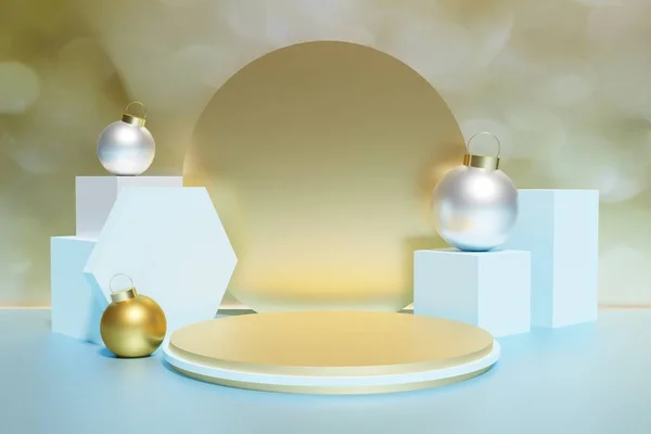 3d render of beautiful metallic white and gold xmas baubles on a gold bokeh background with a podium