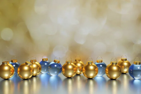 Renderizado Hermosas Bolas Navidad Metálicas Azules Doradas Sobre Fondo Bokeh —  Fotos de Stock