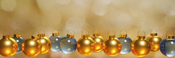 Renderizado Hermosas Bolas Navidad Azul Metálico Oro Banner Fondo Bokeh —  Fotos de Stock