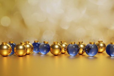 3 boyutlu güzel metalik mavi ve altın renkli Xmas mücevherleri, şenlik projeniz için altın bokeh arka planda.