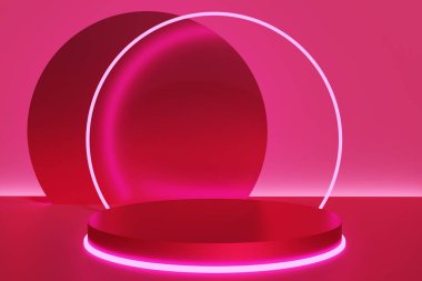 3d rengarenk pembe renkli yuvarlak podyum, tek renkli arkaplanda 2023 yılının renginde neon bir halka.