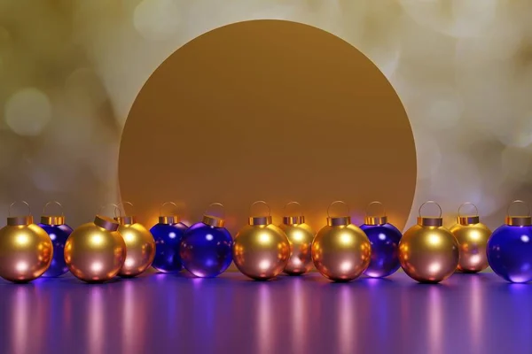 Renderizado Hermosas Bolas Metálicas Púrpura Oro Navidad Banner Fondo Bokeh —  Fotos de Stock