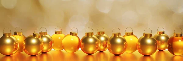Renderizado Hermosas Bolas Navidad Metálicas Amarillas Doradas Sobre Banner Fondo —  Fotos de Stock