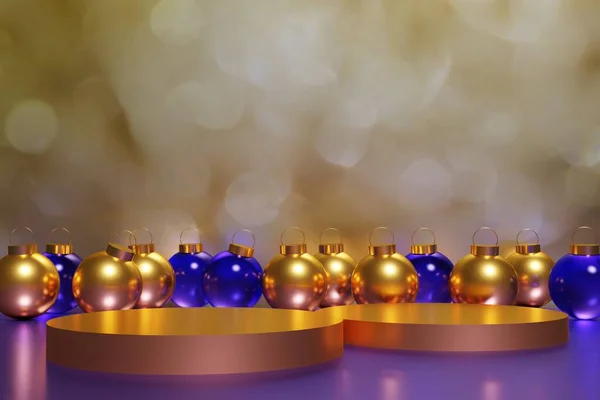 3d render of beautiful metallic purple and gold xmas baubles on a golden bokeh background with podiums for your festive project