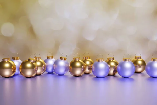 Renderizado Oro Bolas Navidad Púrpura Sobre Fondo Bokeh Oro Para —  Fotos de Stock