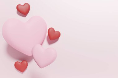 Sevgililer günü projesi için açık pembe bir zemin üzerinde 3 boyutlu pastel pembe uçan kalpler deseni kopyası alan