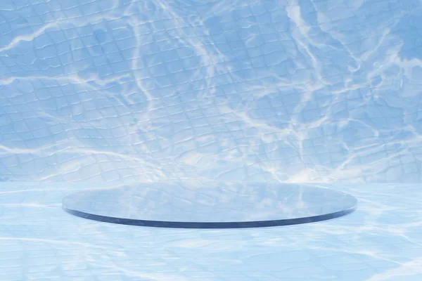 3d render of glass podium on a swimming pool like setting with glares and visible tiles
