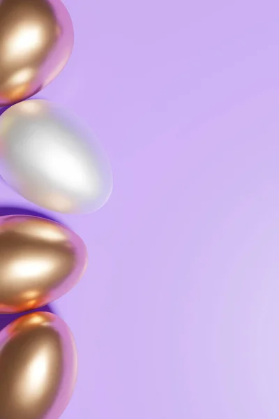 Render Golden White Easter Eggs Border Purple Background Copy Space — Stock Photo, Image