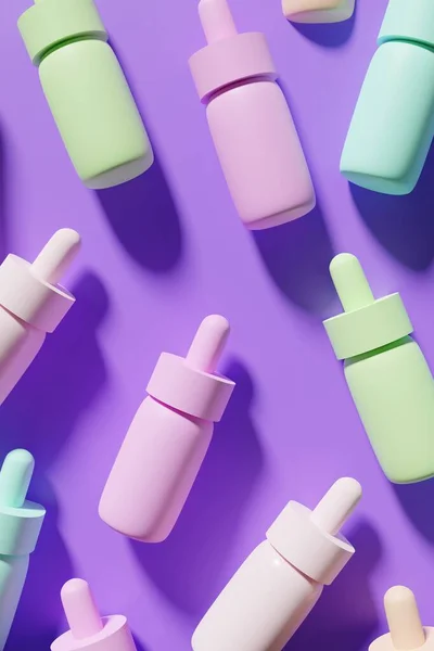 Rendering Pastellfarbener Serumflaschen Auf Leuchtend Violettem Hintergrund Für Ihr Schönheitsprojekt — Stockfoto