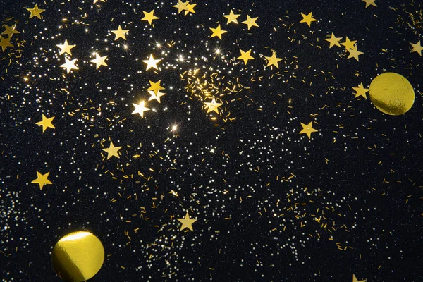 Estrela Ouro Confete Brilho Fundo Brilho Preto Para Projeto Natal — Fotografia de Stock