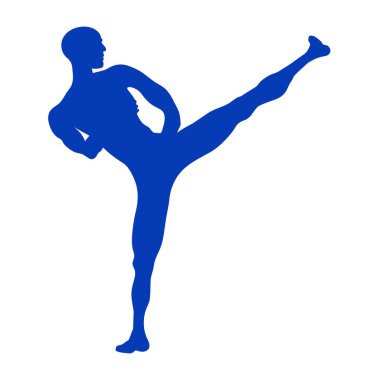 Mavi adam silueti beyaz arka planda karate tekmesi yapıyor.