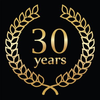 Poster with wreath and 30 years, black and gold colours clipart